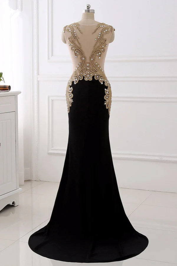 Weitese Dress V-Neck Sleeveless Mermaid Evening Dresses Gold Appliques With Crystals Prom Dress